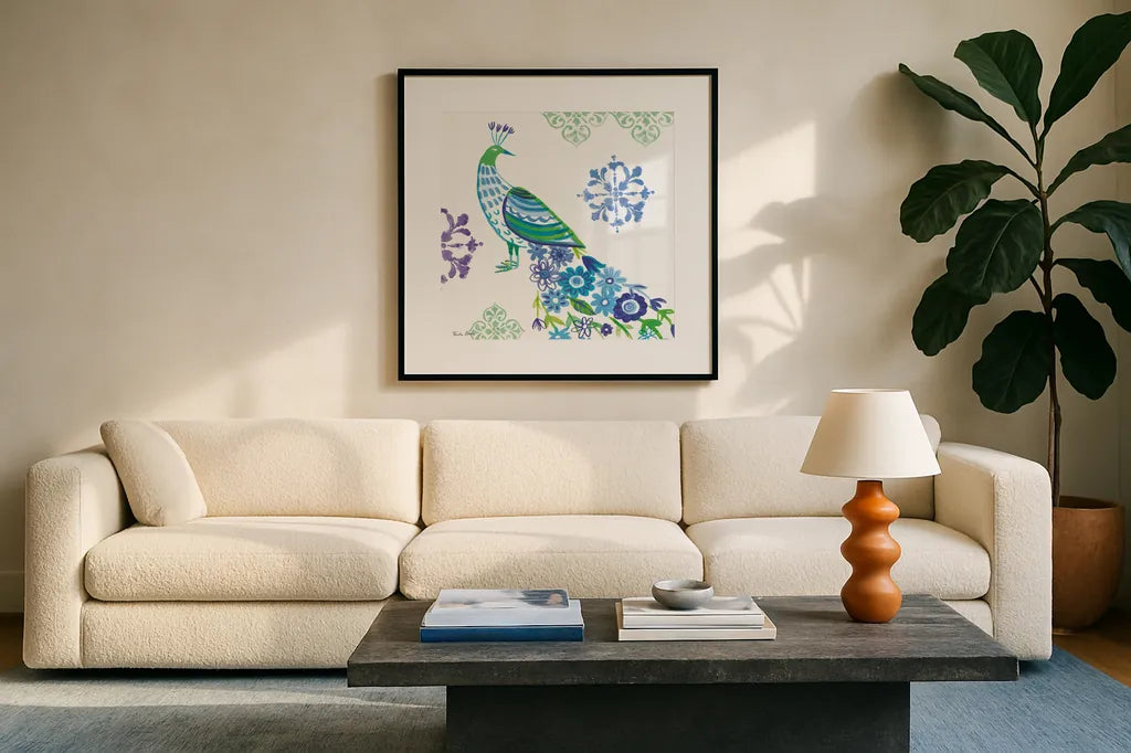 Jewel Peacocks IV by Farida Zaman. Displayed in a glass frame with matte in a clean modern living room. Available as an archival giclee rolled canvas, fine art paper, or poster print. SKU 41805a.