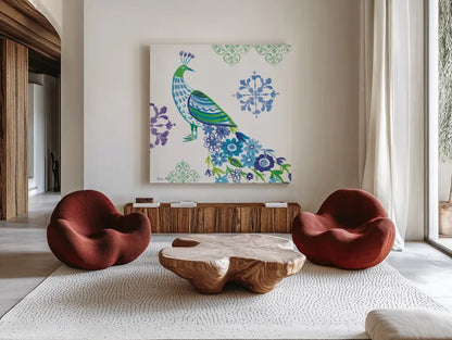 Jewel Peacocks IV by Farida Zaman. Shown as extra-large giant wall art in a modern living room. Available as an archival giclee rolled canvas, fine art paper, or poster print. SKU 41805a.