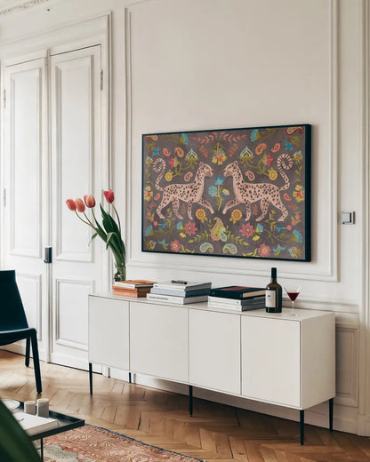 Jewel of the Jungle V by Farida Zaman. shown as a framed stretched canvas in a living room above a console. Available as a archival giclee rolled canvas, fine art paper, or poster print. SKU 89249i.