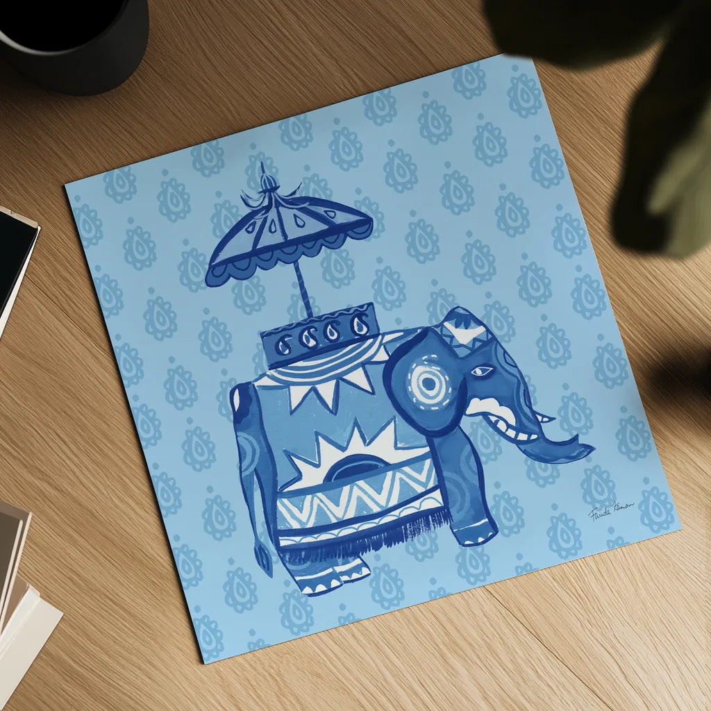 Jeweled Elephant I by Farida Zaman. Shown as a detailed flat fine art print, highlighting archival giclee quality. Available as an archival giclee rolled canvas, fine art paper, or poster print. SKU 41369a.