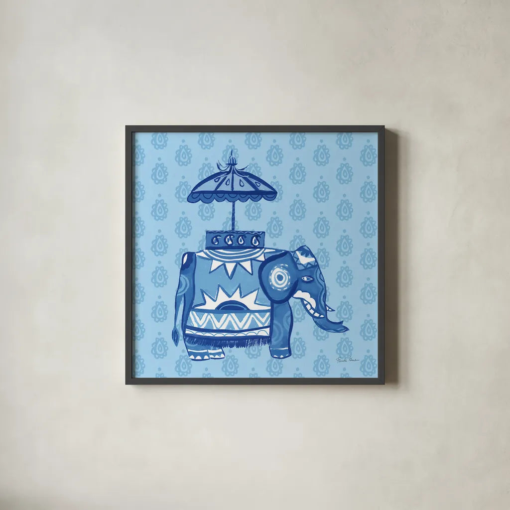 Jeweled Elephant I by Farida Zaman. Shown in a sleek black glass frame for a contemporary gallery look. Available as an archival giclee rolled canvas, fine art paper, or poster print. SKU 41369a.