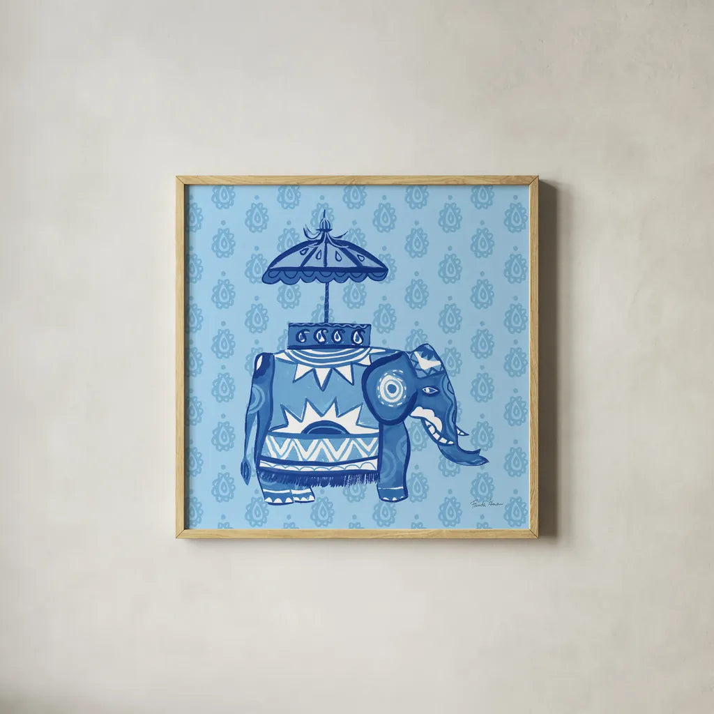 Jeweled Elephant I by Farida Zaman. Shown in a natural wood glass frame for a timeless modern aesthetic. Available as an archival giclee rolled canvas, fine art paper, or poster print. SKU 41369a.