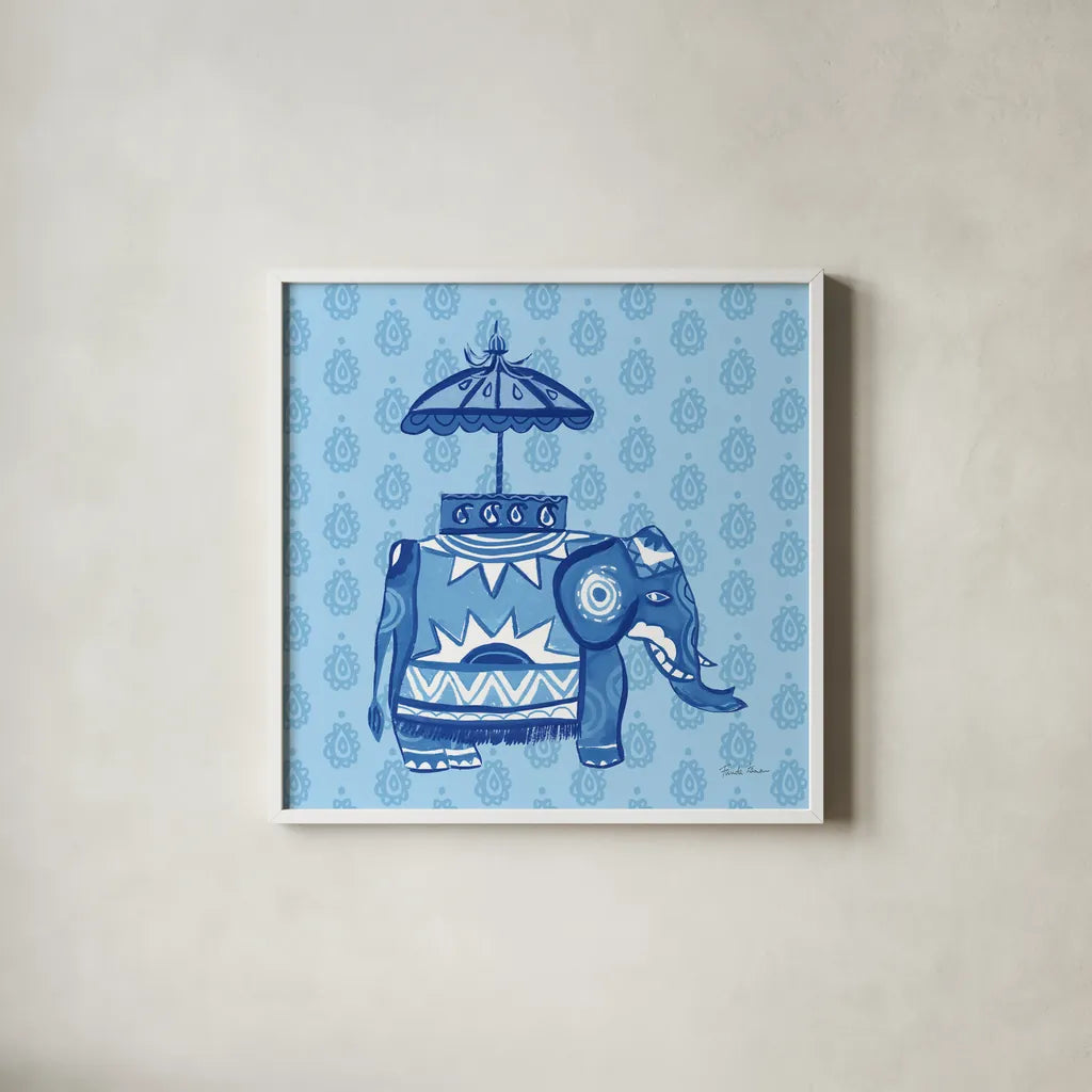 Jeweled Elephant I by Farida Zaman. Shown in a crisp white glass frame for a clean and minimalist style. Available as an archival giclee rolled canvas, fine art paper, or poster print. SKU 41369a.