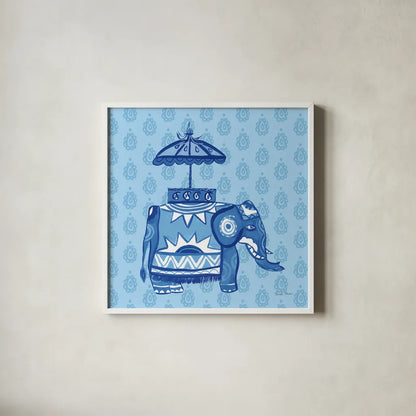 Jeweled Elephant I by Farida Zaman. Shown in a crisp white glass frame for a clean and minimalist style. Available as an archival giclee rolled canvas, fine art paper, or poster print. SKU 41369a.