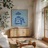 Jeweled Elephant I by Farida Zaman. Shown in a natural wood frame in a cozy modern living room. Available as an archival giclee rolled canvas, fine art paper, or poster print. SKU 41369a.