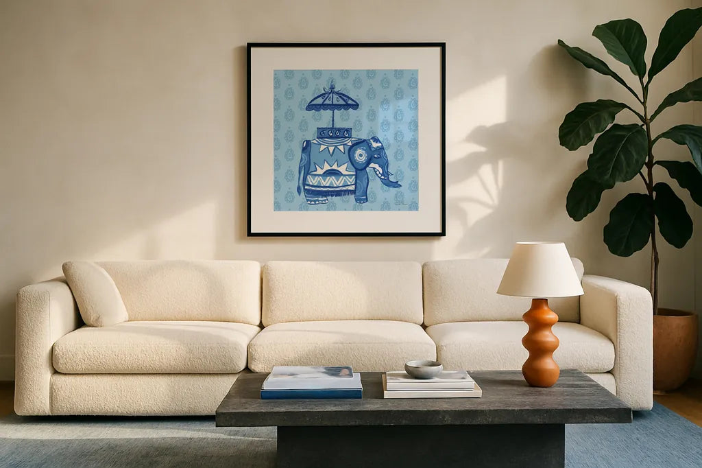 Jeweled Elephant I by Farida Zaman. Displayed in a glass frame with matte in a clean modern living room. Available as an archival giclee rolled canvas, fine art paper, or poster print. SKU 41369a.