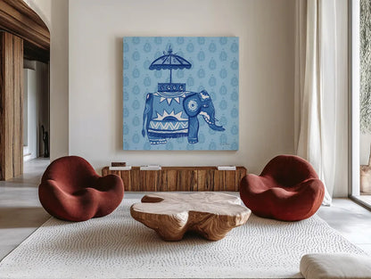 Jeweled Elephant I by Farida Zaman. Shown as extra-large giant wall art in a modern living room. Available as an archival giclee rolled canvas, fine art paper, or poster print. SKU 41369a.