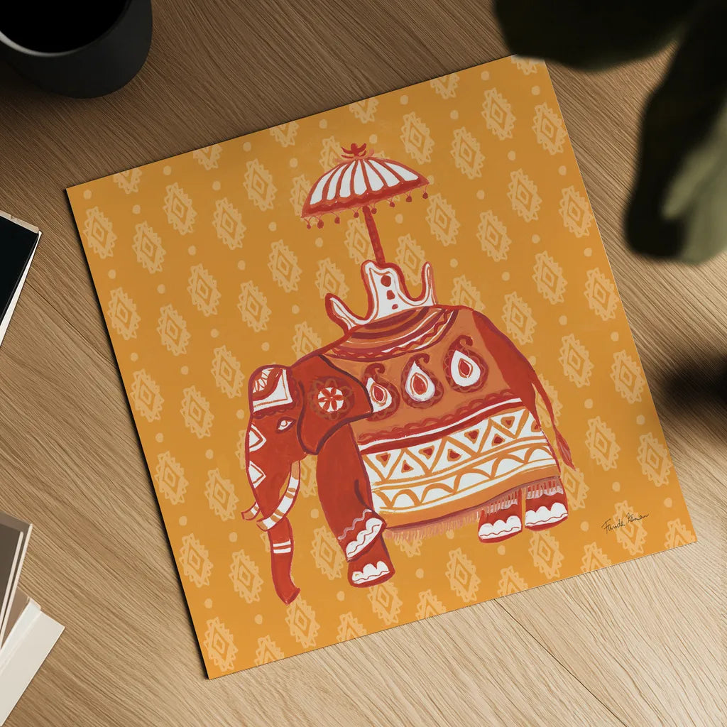 Jeweled Elephant II by Farida Zaman. Shown as a detailed flat fine art print, highlighting archival giclee quality. Available as an archival giclee rolled canvas, fine art paper, or poster print. SKU 41370a.