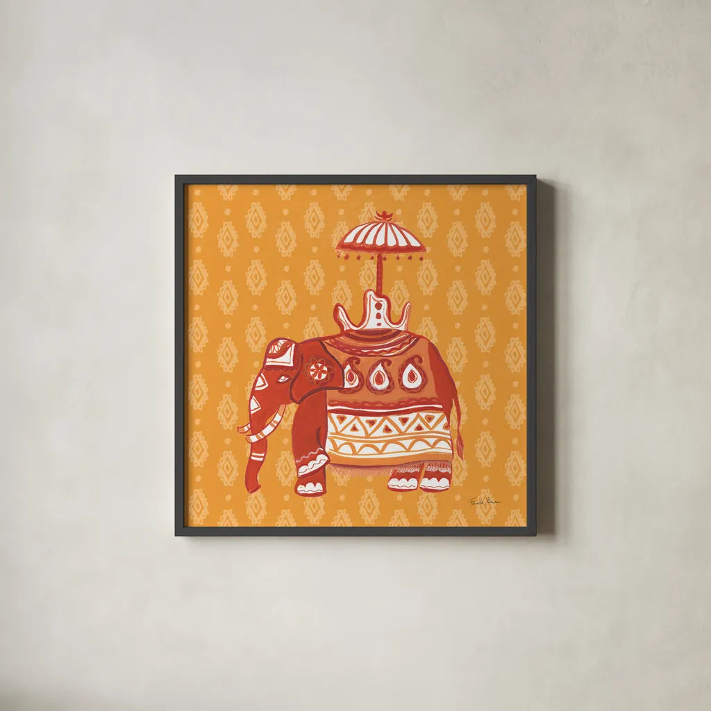 Jeweled Elephant II by Farida Zaman. Shown in a sleek black glass frame for a contemporary gallery look. Available as an archival giclee rolled canvas, fine art paper, or poster print. SKU 41370a.