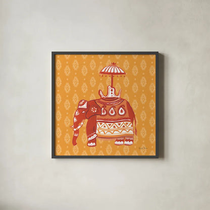 Jeweled Elephant II by Farida Zaman. Shown in a sleek black glass frame for a contemporary gallery look. Available as an archival giclee rolled canvas, fine art paper, or poster print. SKU 41370a.