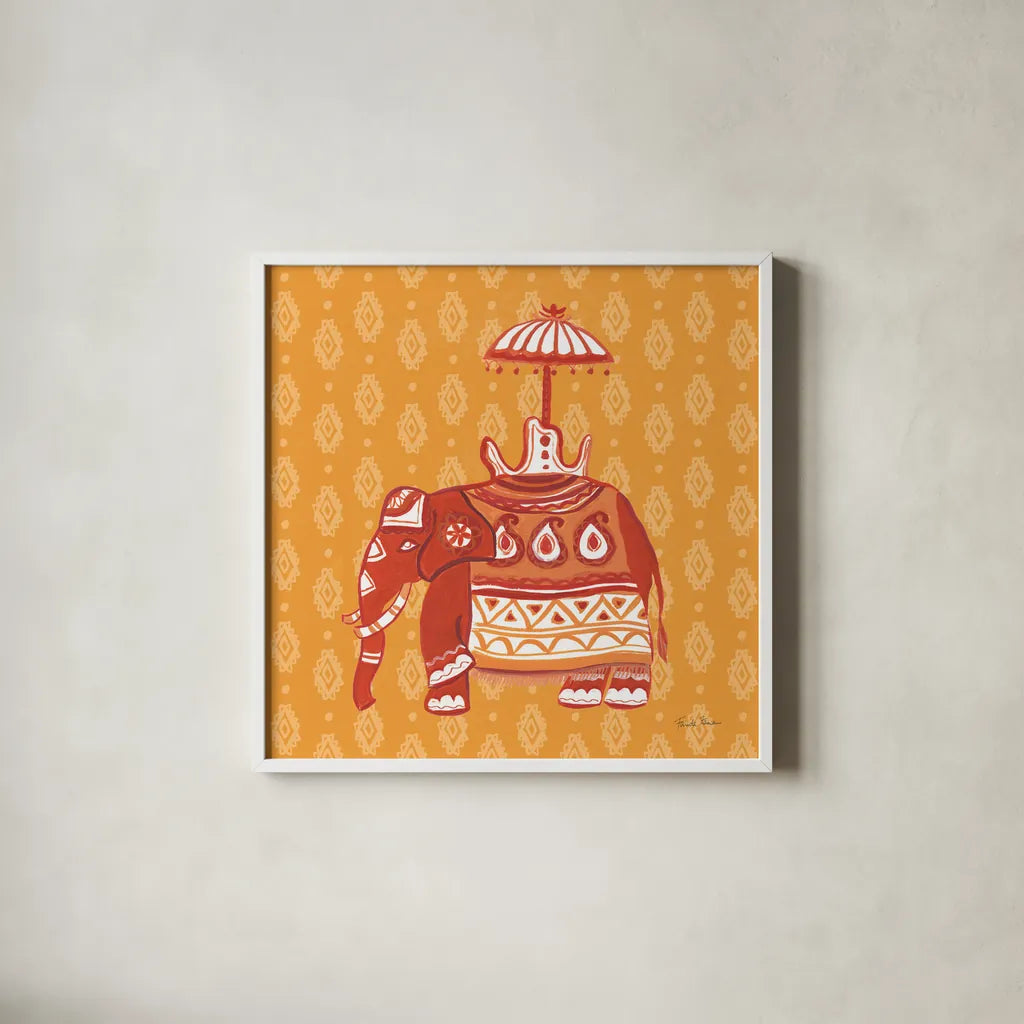 Jeweled Elephant II by Farida Zaman. Shown in a crisp white glass frame for a clean and minimalist style. Available as an archival giclee rolled canvas, fine art paper, or poster print. SKU 41370a.