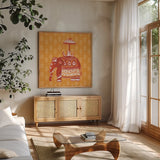 Jeweled Elephant II by Farida Zaman. Shown in a natural wood frame in a cozy modern living room. Available as an archival giclee rolled canvas, fine art paper, or poster print. SKU 41370a.