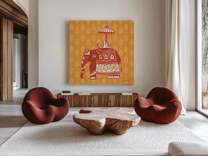 Jeweled Elephant II by Farida Zaman. Shown as extra-large giant wall art in a modern living room. Available as an archival giclee rolled canvas, fine art paper, or poster print. SKU 41370a.