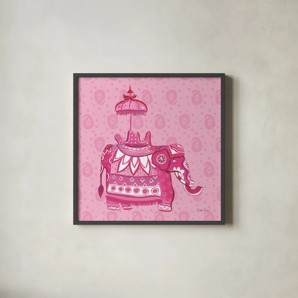 Jeweled Elephant III by Farida Zaman. Shown in a sleek black glass frame for a contemporary gallery look. Available as an archival giclee rolled canvas, fine art paper, or poster print. SKU 41371a.