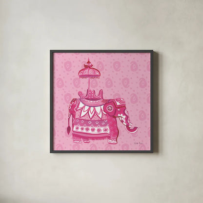 Jeweled Elephant III by Farida Zaman. Shown in a sleek black glass frame for a contemporary gallery look. Available as an archival giclee rolled canvas, fine art paper, or poster print. SKU 41371a.