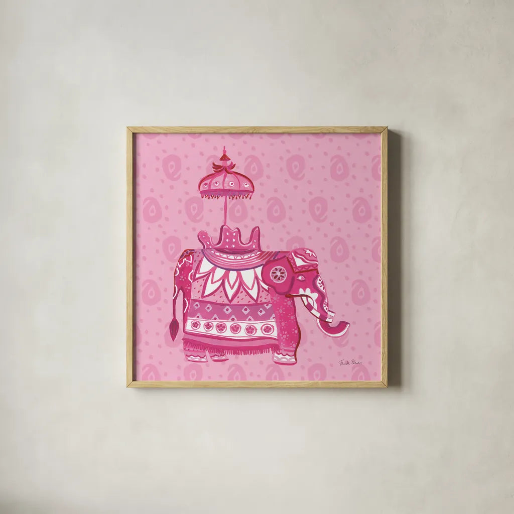 Jeweled Elephant III by Farida Zaman. Shown in a natural wood glass frame for a timeless modern aesthetic. Available as an archival giclee rolled canvas, fine art paper, or poster print. SKU 41371a.