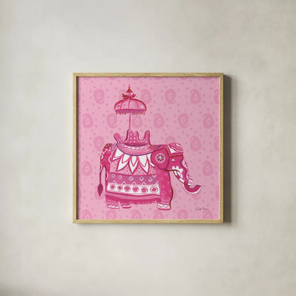 Jeweled Elephant III by Farida Zaman. Shown in a natural wood glass frame for a timeless modern aesthetic. Available as an archival giclee rolled canvas, fine art paper, or poster print. SKU 41371a.