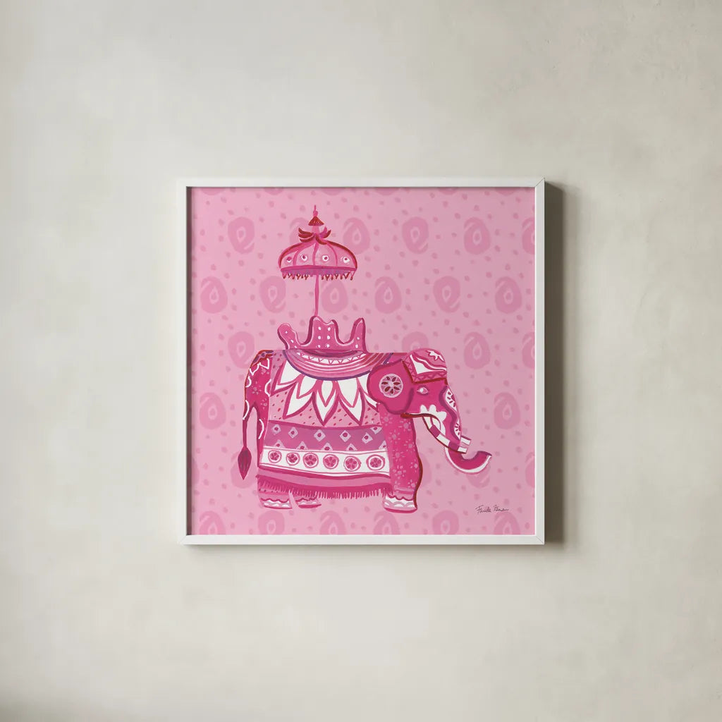 Jeweled Elephant III by Farida Zaman. Shown in a crisp white glass frame for a clean and minimalist style. Available as an archival giclee rolled canvas, fine art paper, or poster print. SKU 41371a.