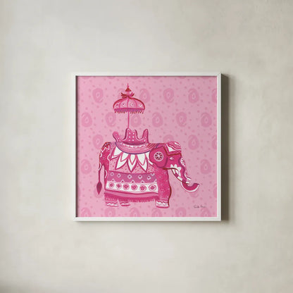 Jeweled Elephant III by Farida Zaman. Shown in a crisp white glass frame for a clean and minimalist style. Available as an archival giclee rolled canvas, fine art paper, or poster print. SKU 41371a.