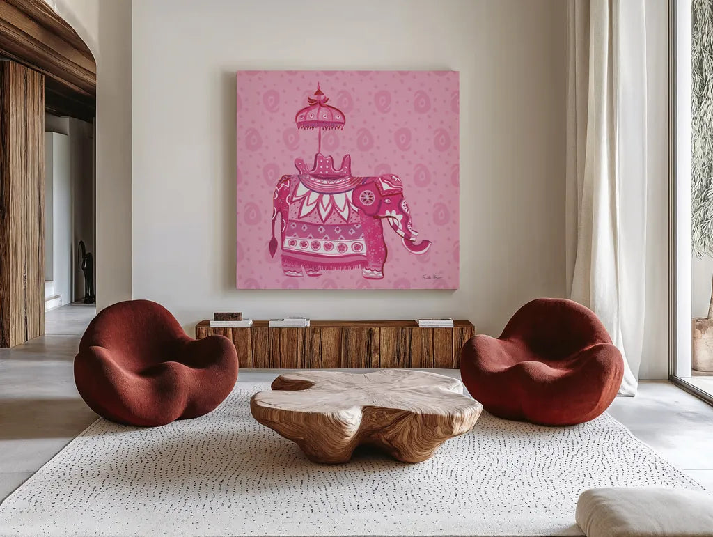 Jeweled Elephant III by Farida Zaman. Shown as extra-large giant wall art in a modern living room. Available as an archival giclee rolled canvas, fine art paper, or poster print. SKU 41371a.