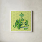 Jeweled Elephant IV by Farida Zaman. Shown in a crisp white glass frame for a clean and minimalist style. Available as an archival giclee rolled canvas, fine art paper, or poster print. SKU 41372a.