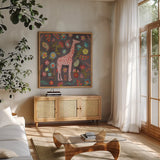 Jewels of the Jungle I by Farida Zaman. Shown in a natural wood frame in a cozy modern living room. Available as an archival giclee rolled canvas, fine art paper, or poster print. SKU 89157a.