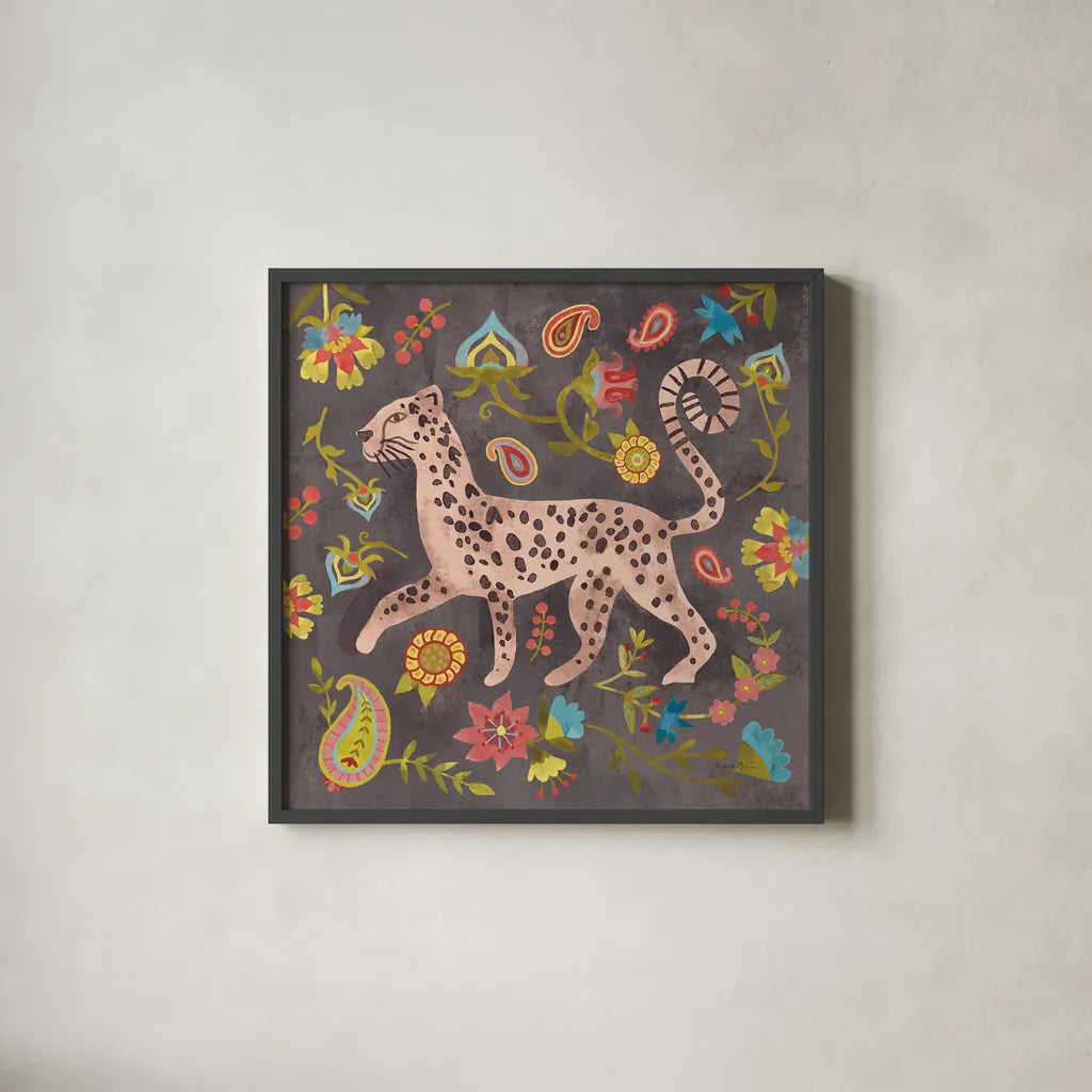 Jewels of the Jungle II by Farida Zaman. Shown in a sleek black glass frame for a contemporary gallery look. Available as an archival giclee rolled canvas, fine art paper, or poster print. SKU 89158a.