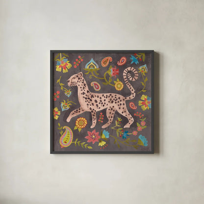 Jewels of the Jungle II by Farida Zaman. Shown in a sleek black glass frame for a contemporary gallery look. Available as an archival giclee rolled canvas, fine art paper, or poster print. SKU 89158a.