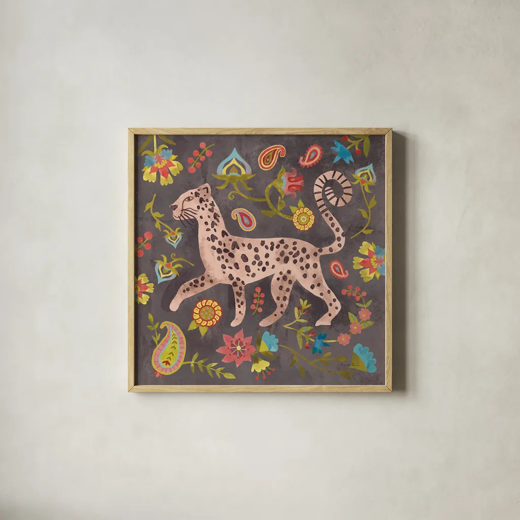 Jewels of the Jungle II by Farida Zaman. Shown in a natural wood glass frame for a timeless modern aesthetic. Available as an archival giclee rolled canvas, fine art paper, or poster print. SKU 89158a.