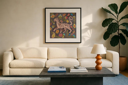 Jewels of the Jungle II by Farida Zaman. Displayed in a glass frame with matte in a clean modern living room. Available as an archival giclee rolled canvas, fine art paper, or poster print. SKU 89158a.