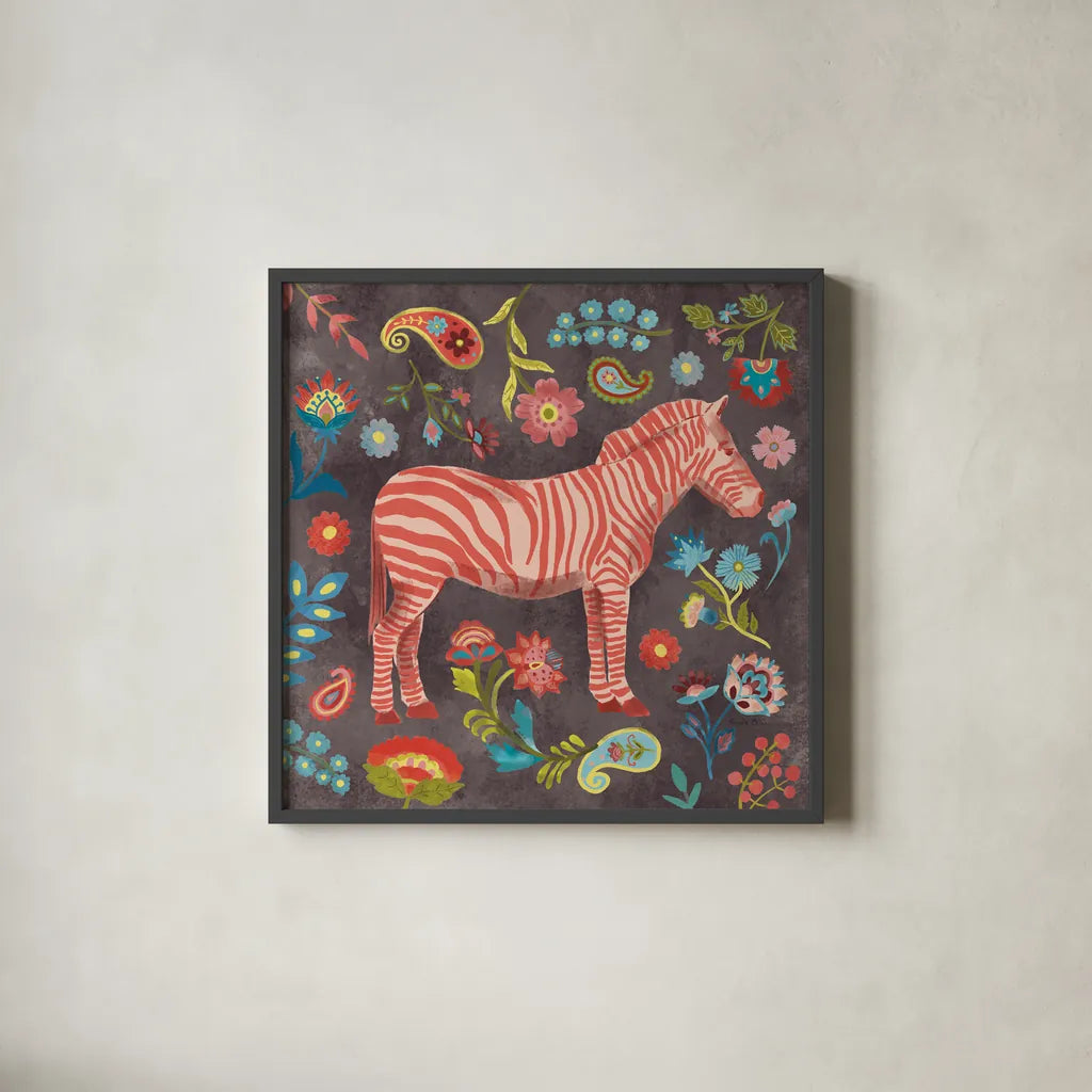 Jewels of the Jungle III by Farida Zaman. Shown in a sleek black glass frame for a contemporary gallery look. Available as an archival giclee rolled canvas, fine art paper, or poster print. SKU 89159a.