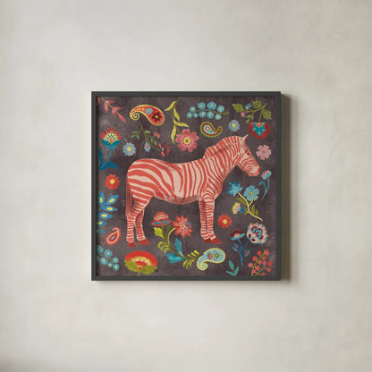 Jewels of the Jungle III by Farida Zaman. Shown in a sleek black glass frame for a contemporary gallery look. Available as an archival giclee rolled canvas, fine art paper, or poster print. SKU 89159a.