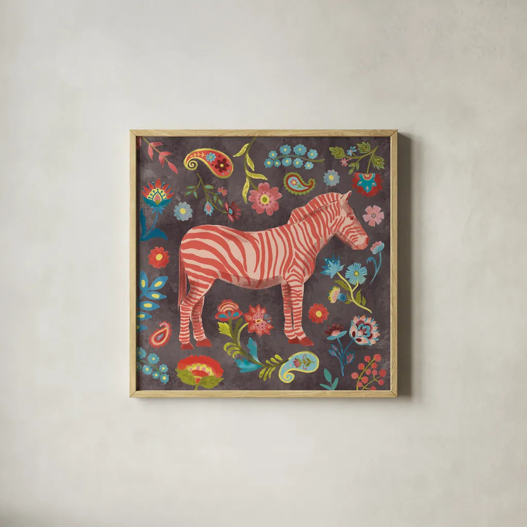 Jewels of the Jungle III by Farida Zaman. Shown in a natural wood glass frame for a timeless modern aesthetic. Available as an archival giclee rolled canvas, fine art paper, or poster print. SKU 89159a.