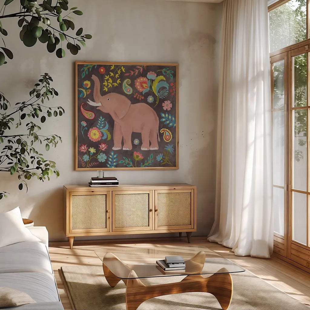 Jewels of the Jungle IV by Farida Zaman. Shown in a natural wood frame in a cozy modern living room. Available as an archival giclee rolled canvas, fine art paper, or poster print. SKU 89160a.