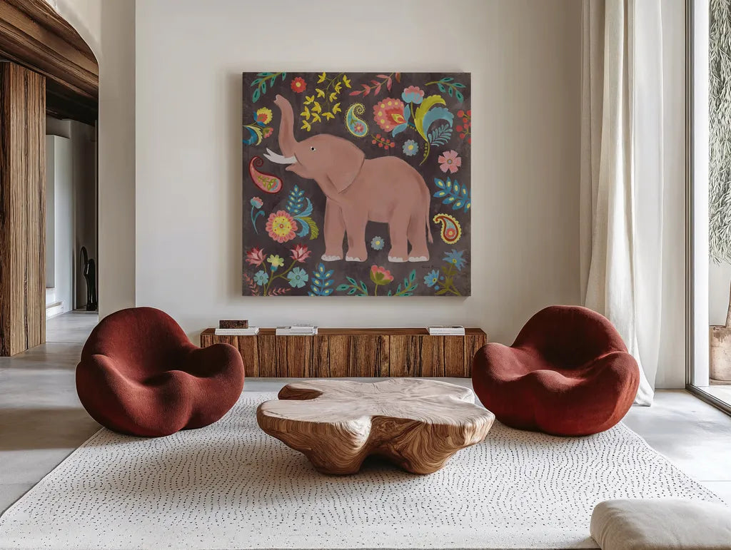 Jewels of the Jungle IV by Farida Zaman. Shown as extra-large giant wall art in a modern living room. Available as an archival giclee rolled canvas, fine art paper, or poster print. SKU 89160a.