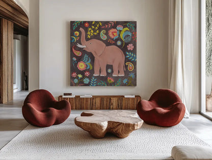 Jewels of the Jungle IV by Farida Zaman. Shown as extra-large giant wall art in a modern living room. Available as an archival giclee rolled canvas, fine art paper, or poster print. SKU 89160a.
