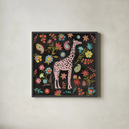 Jewels of the Jungle on Black I by Farida Zaman. Shown in a sleek black glass frame for a contemporary gallery look. Available as an archival giclee rolled canvas, fine art paper, or poster print. SKU 97140a.