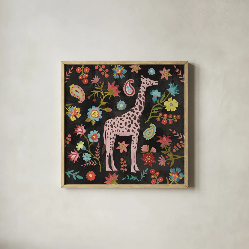 Jewels of the Jungle on Black I by Farida Zaman. Shown in a natural wood glass frame for a timeless modern aesthetic. Available as an archival giclee rolled canvas, fine art paper, or poster print. SKU 97140a.