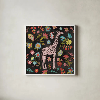 Jewels of the Jungle on Black I by Farida Zaman. Shown in a crisp white glass frame for a clean and minimalist style. Available as an archival giclee rolled canvas, fine art paper, or poster print. SKU 97140a.