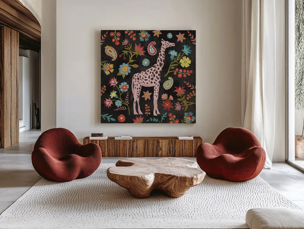 Jewels of the Jungle on Black I by Farida Zaman. Shown as extra-large giant wall art in a modern living room. Available as an archival giclee rolled canvas, fine art paper, or poster print. SKU 97140a.