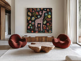 Jewels of the Jungle on Black I by Farida Zaman. Shown as extra-large giant wall art in a modern living room. Available as an archival giclee rolled canvas, fine art paper, or poster print. SKU 97140a.