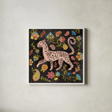 Jewels of the Jungle on Black II by Farida Zaman. Shown in a crisp white glass frame for a clean and minimalist style. Available as an archival giclee rolled canvas, fine art paper, or poster print. SKU 97141a.