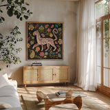 Jewels of the Jungle on Black II by Farida Zaman. Shown in a natural wood frame in a cozy modern living room. Available as an archival giclee rolled canvas, fine art paper, or poster print. SKU 97141a.