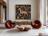 Jewels of the Jungle on Black II by Farida Zaman. Shown as extra-large giant wall art in a modern living room. Available as an archival giclee rolled canvas, fine art paper, or poster print. SKU 97141a.