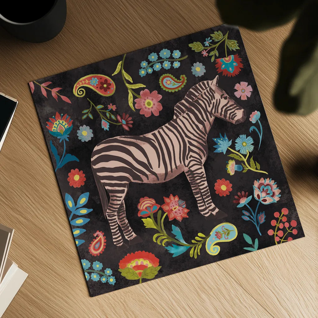 Jewels of the Jungle on Black III by Farida Zaman. Shown as a detailed flat fine art print, highlighting archival giclee quality. Available as an archival giclee rolled canvas, fine art paper, or poster print. SKU 97142a.