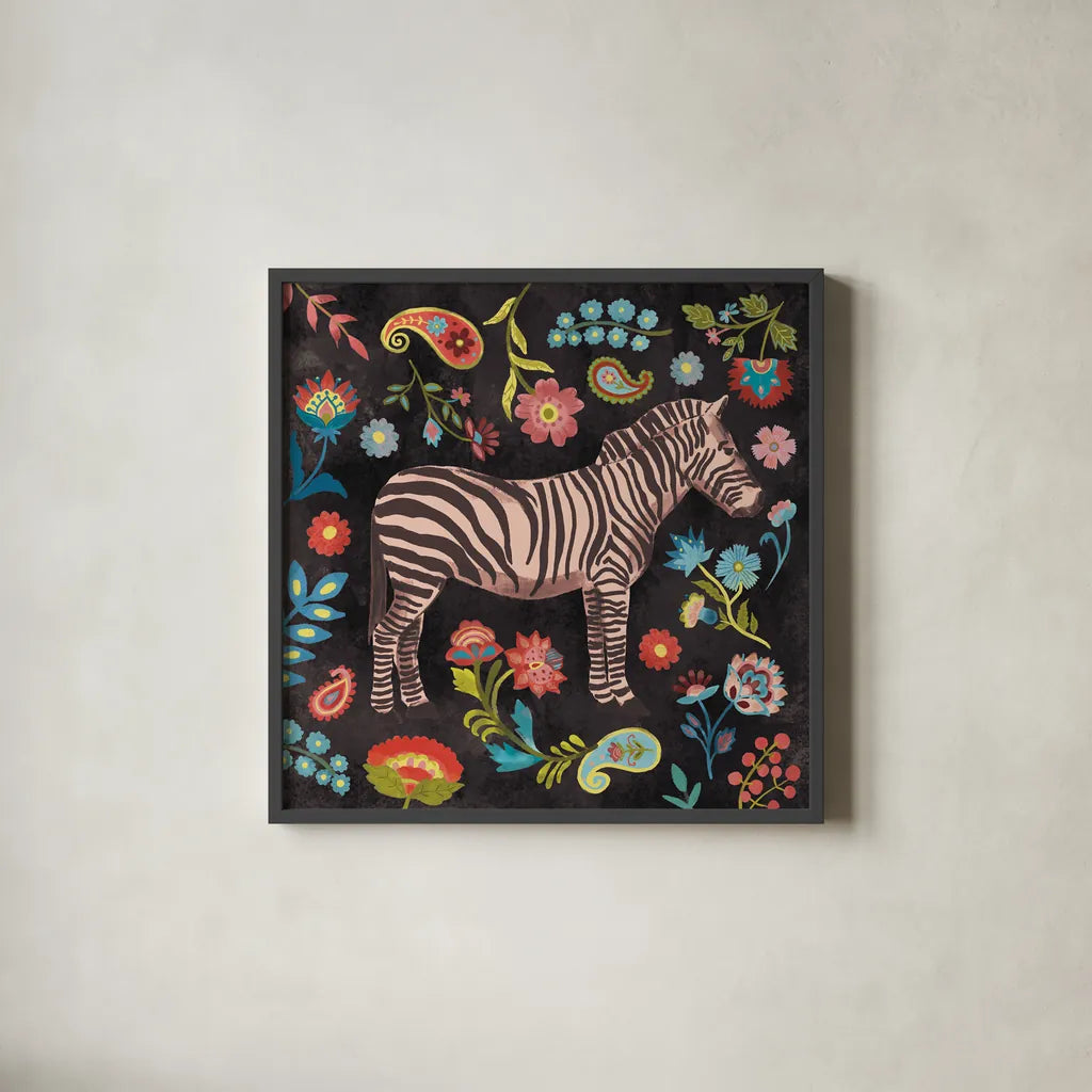 Jewels of the Jungle on Black III by Farida Zaman. Shown in a sleek black glass frame for a contemporary gallery look. Available as an archival giclee rolled canvas, fine art paper, or poster print. SKU 97142a.