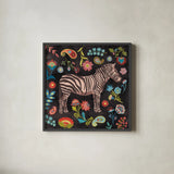 Jewels of the Jungle on Black III by Farida Zaman. Shown in a sleek black glass frame for a contemporary gallery look. Available as an archival giclee rolled canvas, fine art paper, or poster print. SKU 97142a.