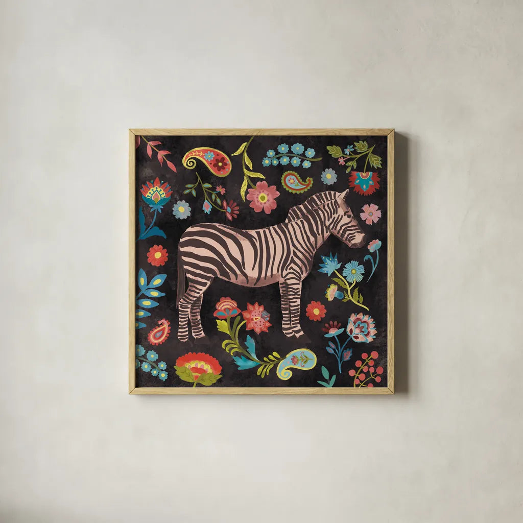 Jewels of the Jungle on Black III by Farida Zaman. Shown in a natural wood glass frame for a timeless modern aesthetic. Available as an archival giclee rolled canvas, fine art paper, or poster print. SKU 97142a.