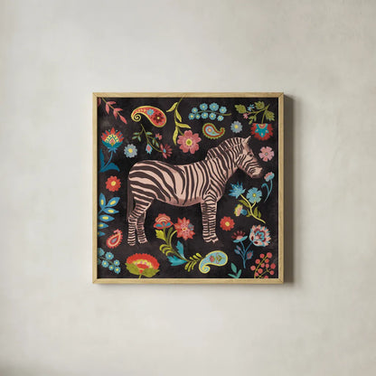 Jewels of the Jungle on Black III by Farida Zaman. Shown in a natural wood glass frame for a timeless modern aesthetic. Available as an archival giclee rolled canvas, fine art paper, or poster print. SKU 97142a.