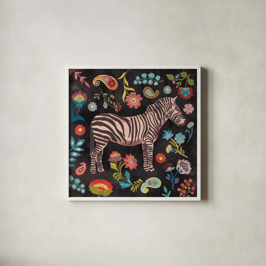 Jewels of the Jungle on Black III by Farida Zaman. Shown in a crisp white glass frame for a clean and minimalist style. Available as an archival giclee rolled canvas, fine art paper, or poster print. SKU 97142a.